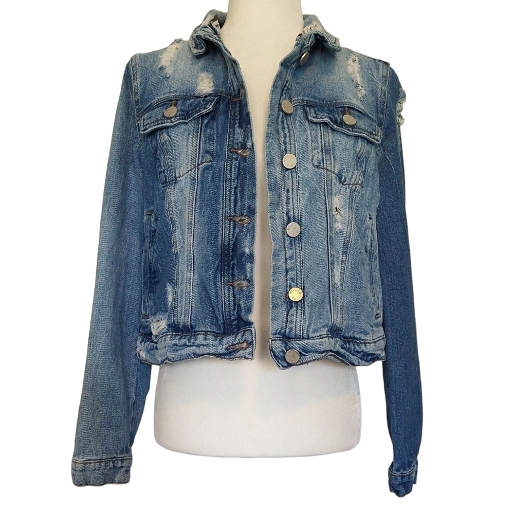 William Rast 100% Cotton Distressed Denim Button-Up Cropped Jacket